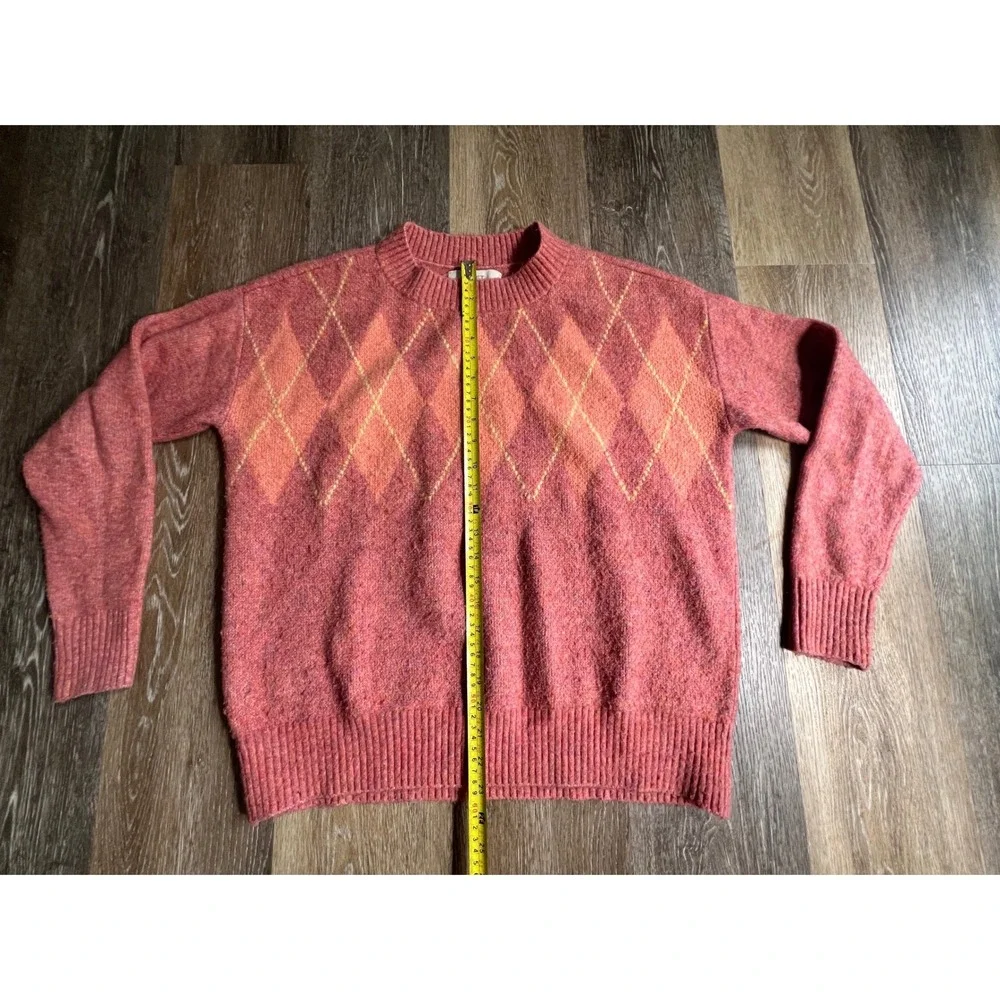 Loft Sweater Womens Medium Pink Argyle Crewneck‎ Knit Long Sleeve Pullover